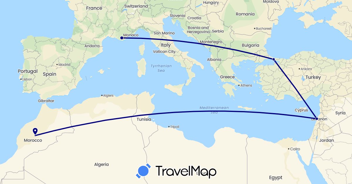 TravelMap itinerary: driving in France, Lebanon, Morocco, Turkey (Africa, Asia, Europe)